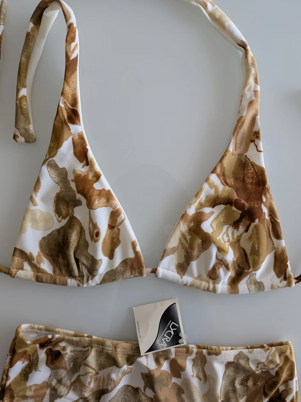 Brown White Abstract Bikini Set Halter Triangle Hipster Swimwear S 2 Pieces NWT